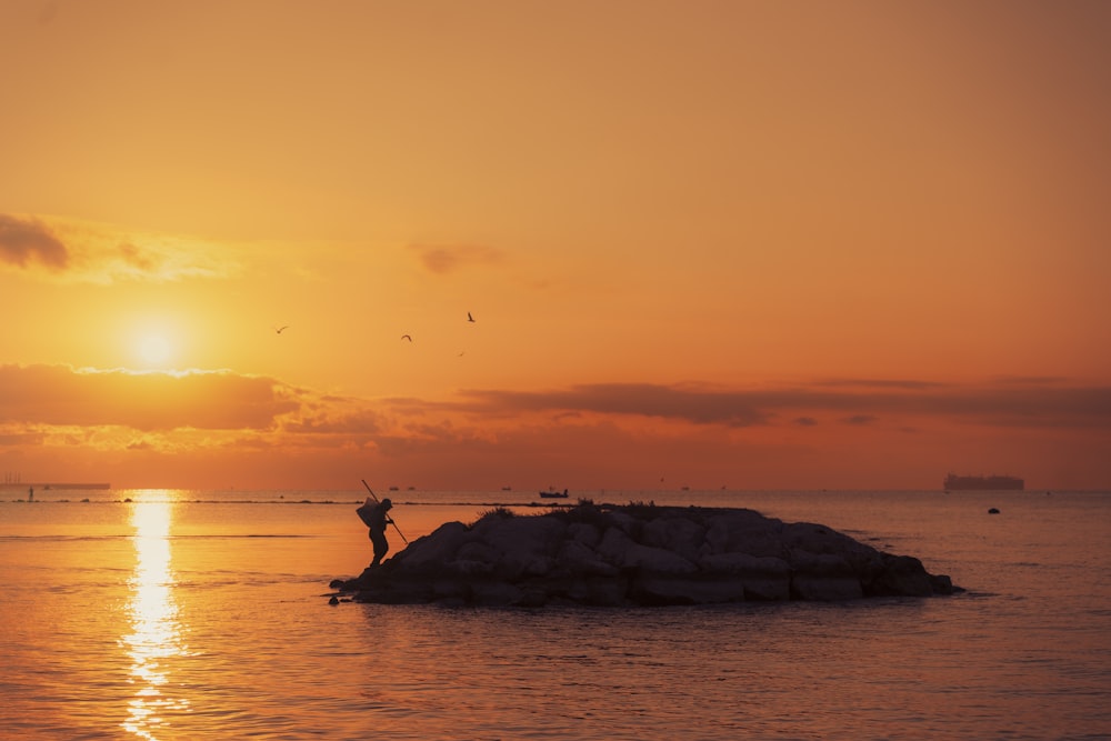 a person standing on a rock in the middle of a body of water