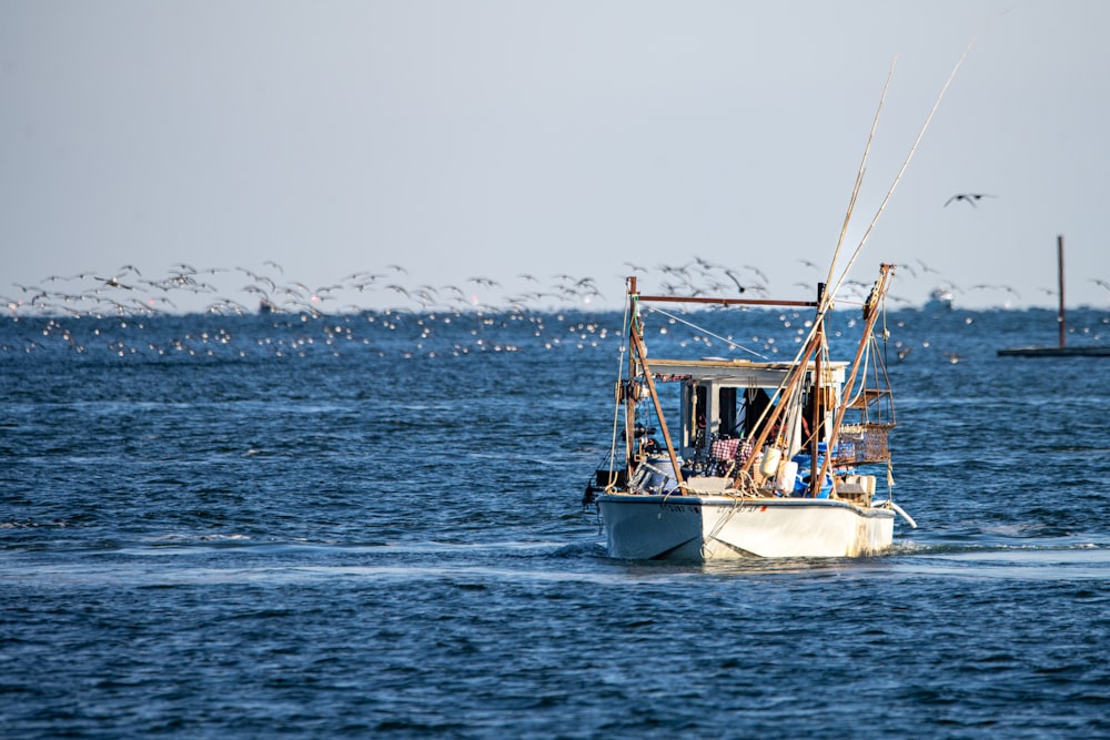 a fishing boat in the middle of a body of water