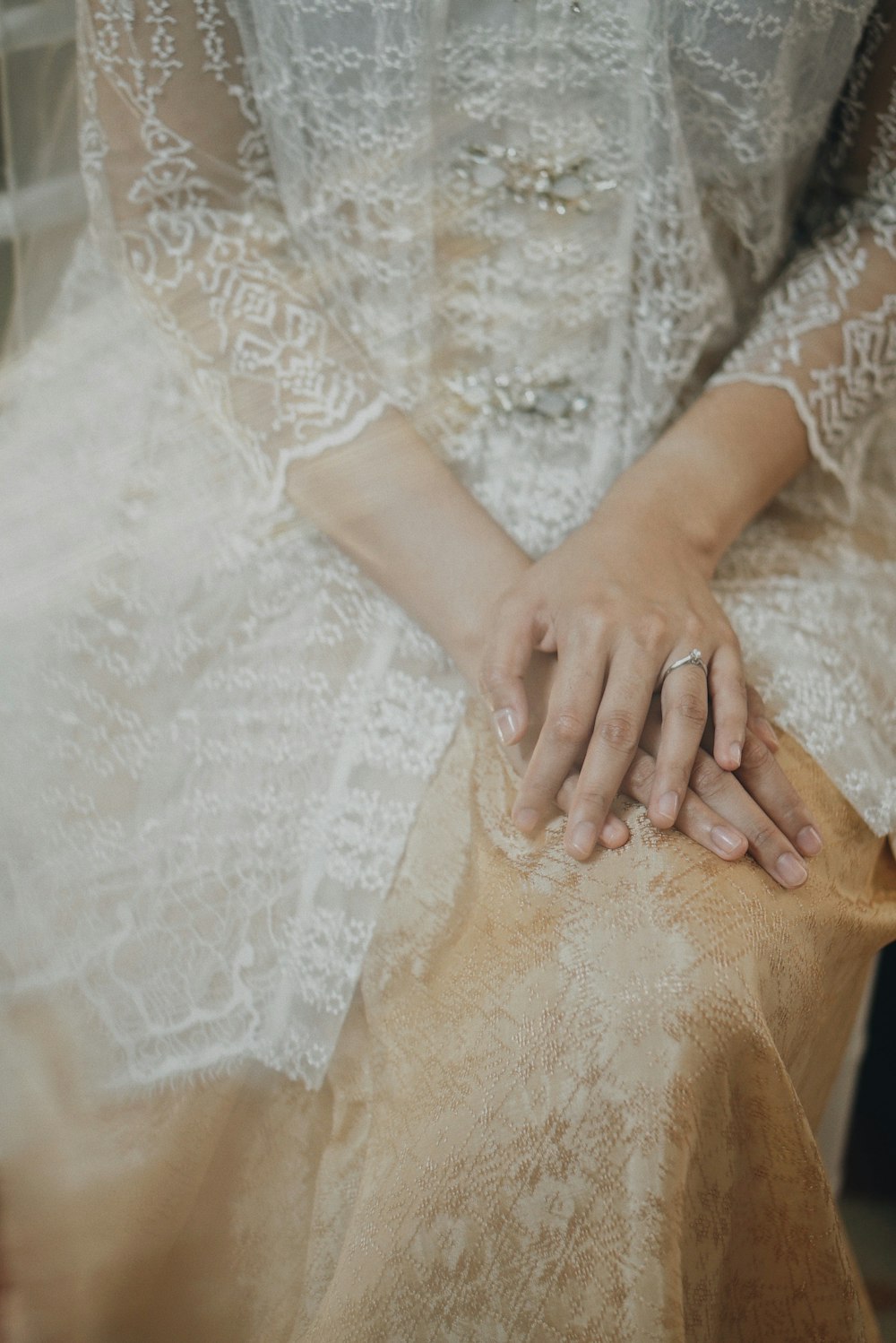 a close up of a person wearing a wedding dress