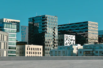 a view of a city with tall buildings