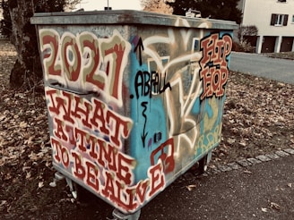 A metal dumpster is covered with colorful graffiti featuring bold text such as '2021', 'WHAT A TIME TO BE ALIVE', and 'HIP HOP'. The graffiti is a mix of red, blue, and black colors with artistic lettering and designs. The dumpster is situated outdoors near a paved path, surrounded by fallen leaves and trees in a suburban neighborhood.