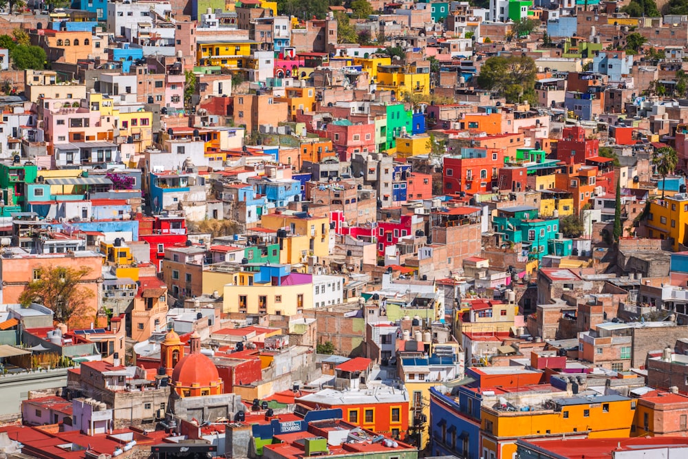 a very colorful city with lots of buildings