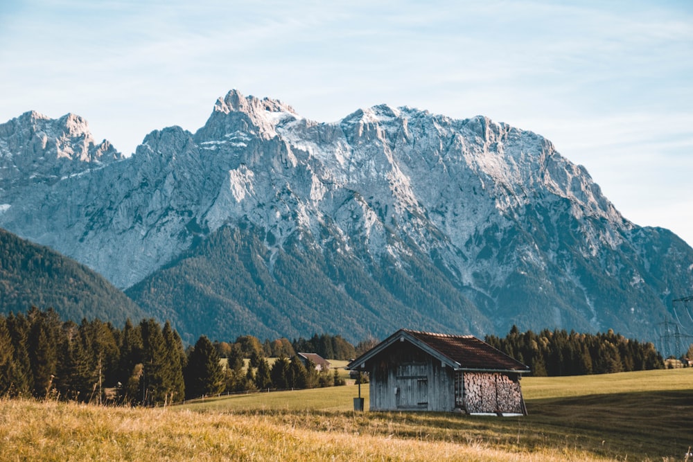 a house in a field with mountains in the background