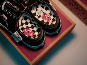 a pair of black and white checkered vans shoes