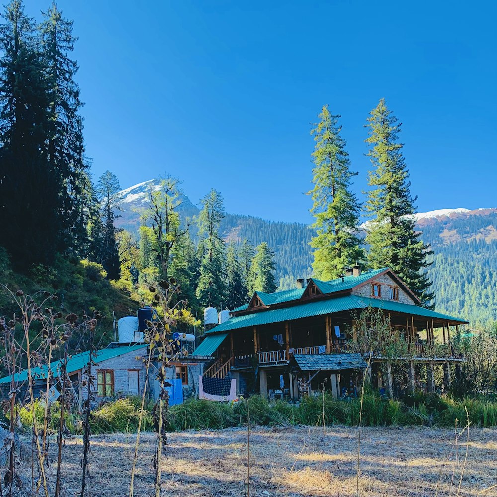 a house in the middle of a forest with mountains in the background
