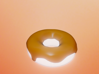 A semi-transparent wireframe model of a donut floating against a gradient peach background. The donut features a smooth, glossy caramel-like surface on top, with the bottom half displaying a detailed grid pattern.