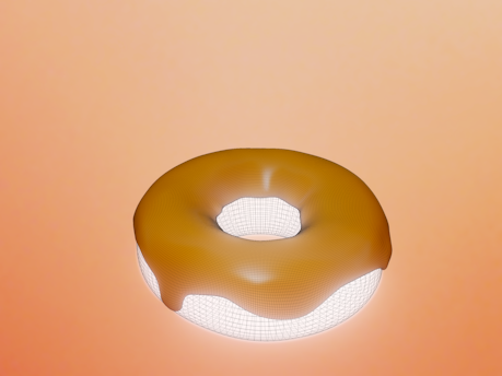 A semi-transparent wireframe model of a donut floating against a gradient peach background. The donut features a smooth, glossy caramel-like surface on top, with the bottom half displaying a detailed grid pattern.