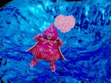 A cartoonish pink character with a playful expression and cape floats amidst vibrant blue, swirling patterns. It has a joyful and whimsical appearance, with its tongue sticking out and a pink speech bubble shaped like a heart nearby.
