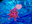 A cartoonish pink character with a playful expression and cape floats amidst vibrant blue, swirling patterns. It has a joyful and whimsical appearance, with its tongue sticking out and a pink speech bubble shaped like a heart nearby.