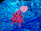 A cartoonish pink character with a playful expression and cape floats amidst vibrant blue, swirling patterns. It has a joyful and whimsical appearance, with its tongue sticking out and a pink speech bubble shaped like a heart nearby.