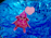 A cartoonish pink character with a playful expression and cape floats amidst vibrant blue, swirling patterns. It has a joyful and whimsical appearance, with its tongue sticking out and a pink speech bubble shaped like a heart nearby.
