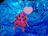A cartoonish pink character with a playful expression and cape floats amidst vibrant blue, swirling patterns. It has a joyful and whimsical appearance, with its tongue sticking out and a pink speech bubble shaped like a heart nearby.