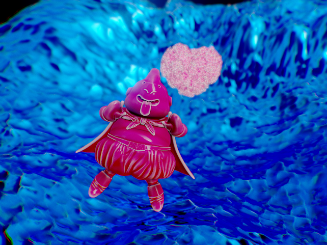 A cartoonish pink character with a playful expression and cape floats amidst vibrant blue, swirling patterns. It has a joyful and whimsical appearance, with its tongue sticking out and a pink speech bubble shaped like a heart nearby.