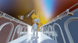 3D cartoon scene of Faliezha exploring with a small suitcase and a crown-shaped backpack.