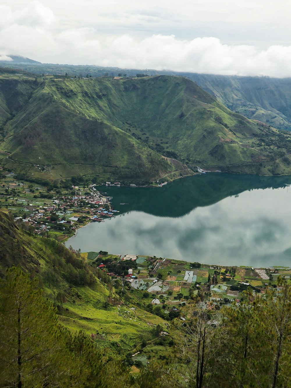a large lake surrounded by lush green mountains
