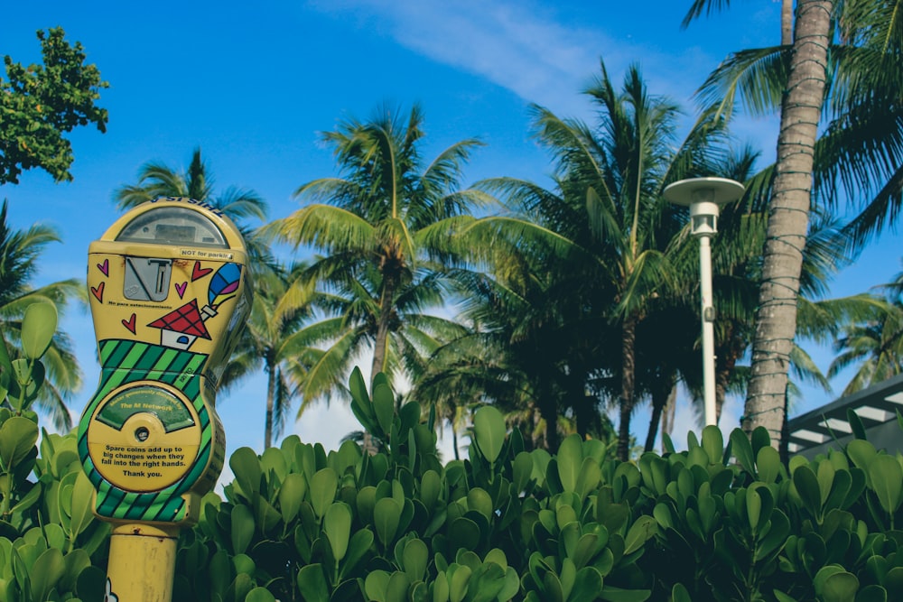 a parking meter sitting next to a lush green forest