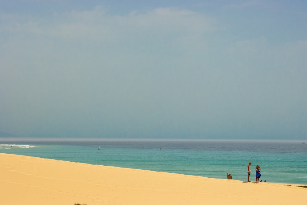 a couple of people standing on top of a sandy beach