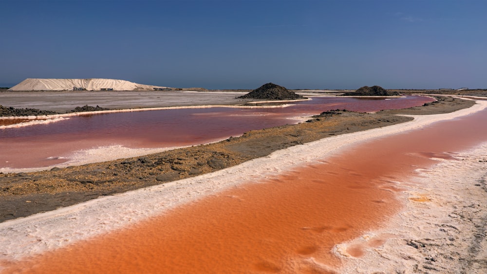 a body of water surrounded by sand and dirt