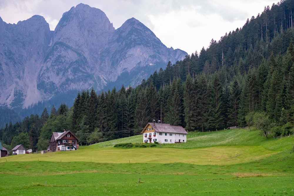 a house in the middle of a field with mountains in the background