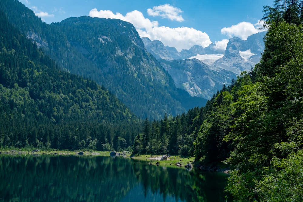 a lake surrounded by trees and mountains