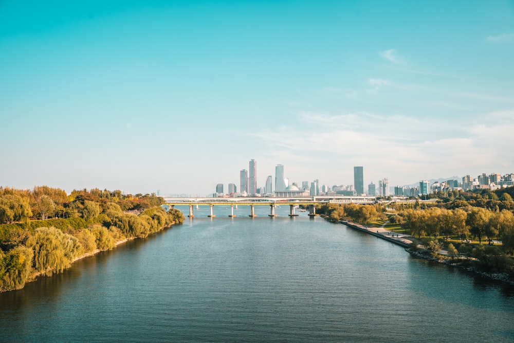 a bridge over a river with a city in the background