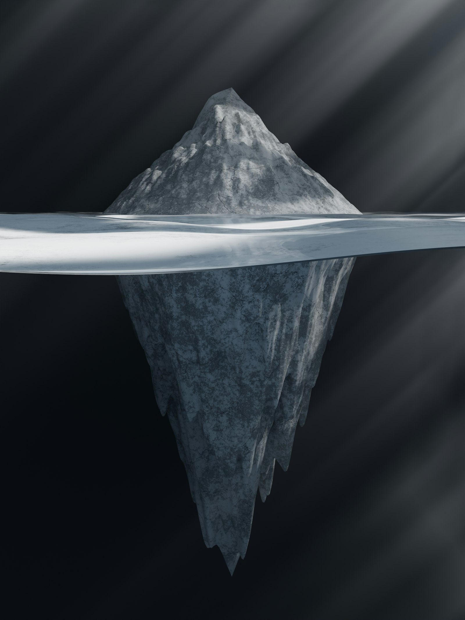 Iceberg floating in dark water with a much larger mass below the surface