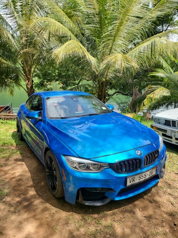 a blue car parked in front of some palm trees