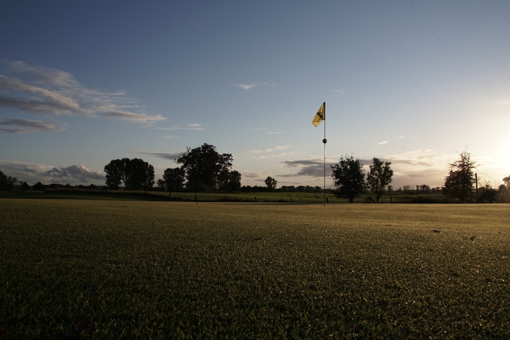 a field with a flag and trees in the background