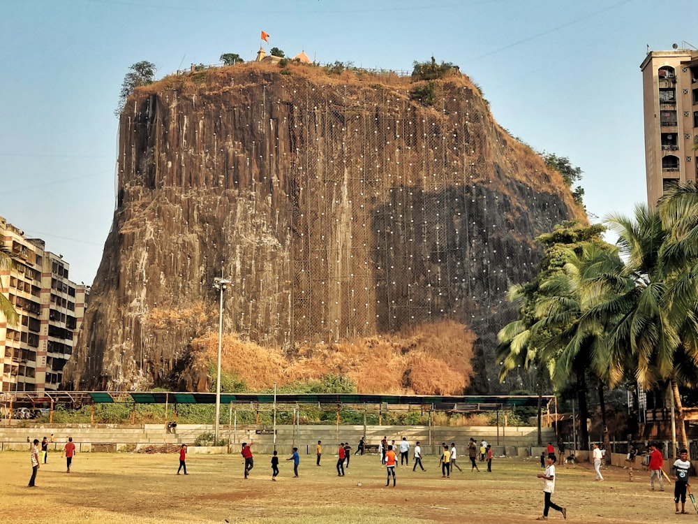 a group of people playing a game of soccer