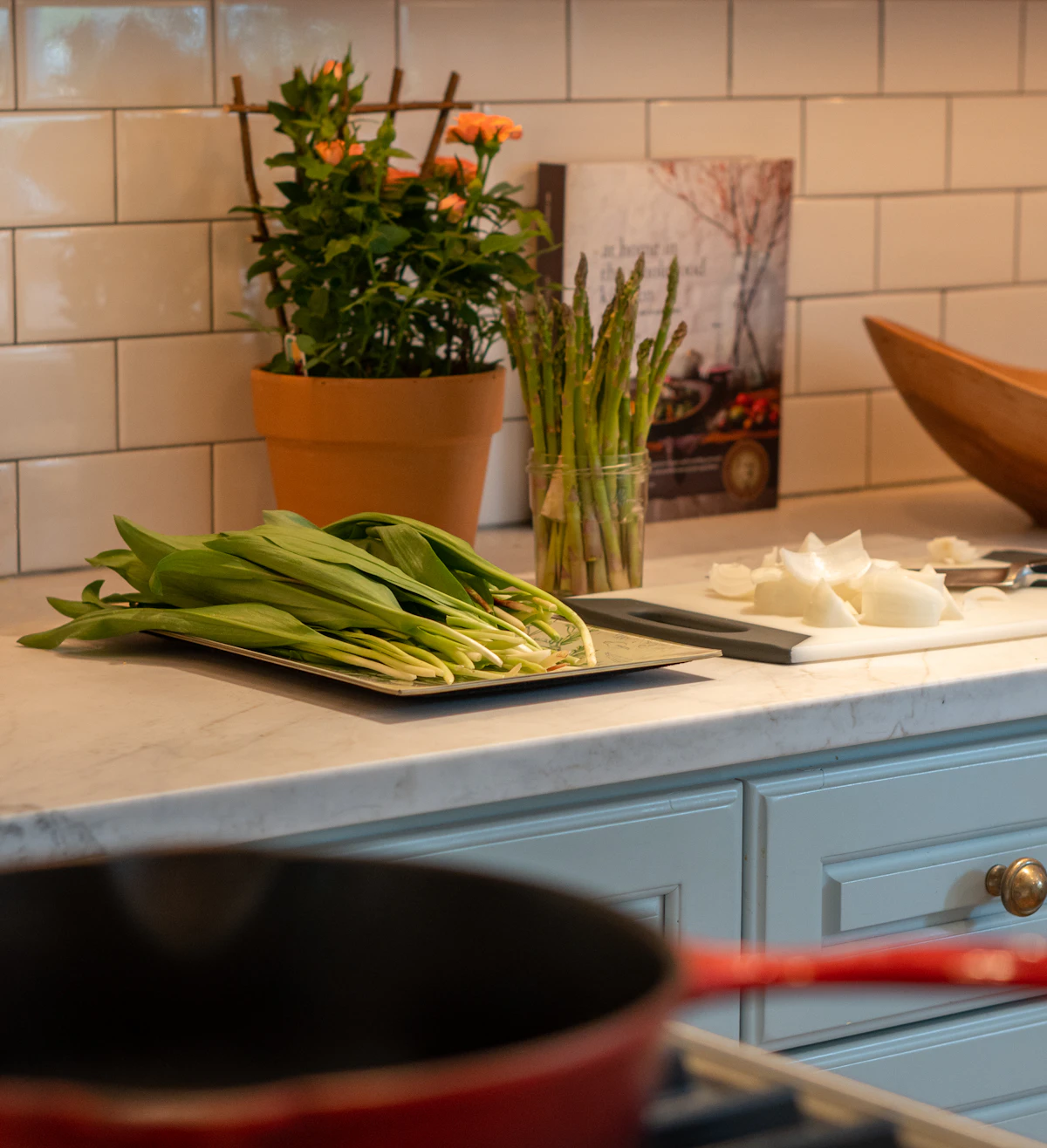 Kitchen counter with fresh ingredients ready to be photographed and cooked