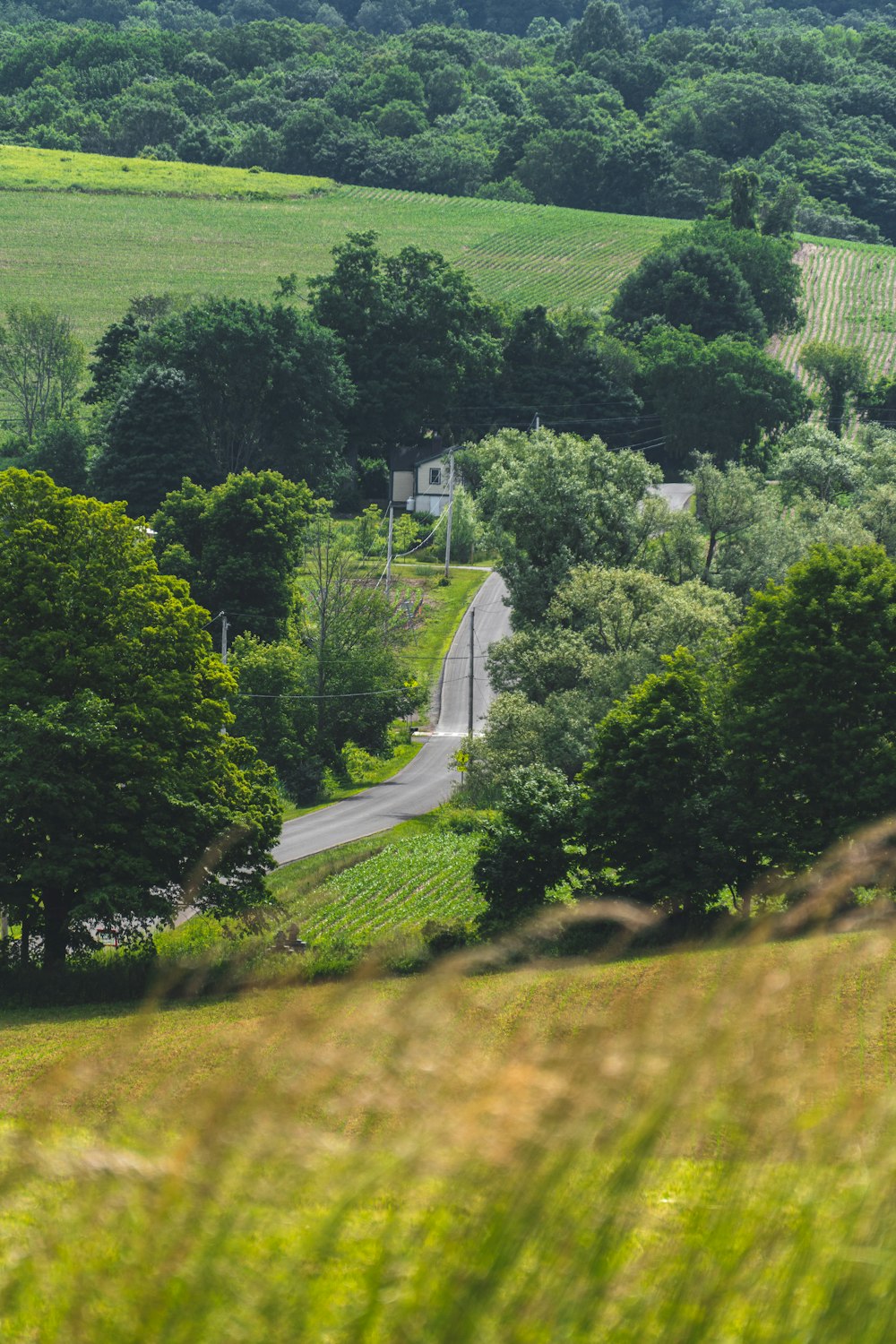 a view of a country road from a hill