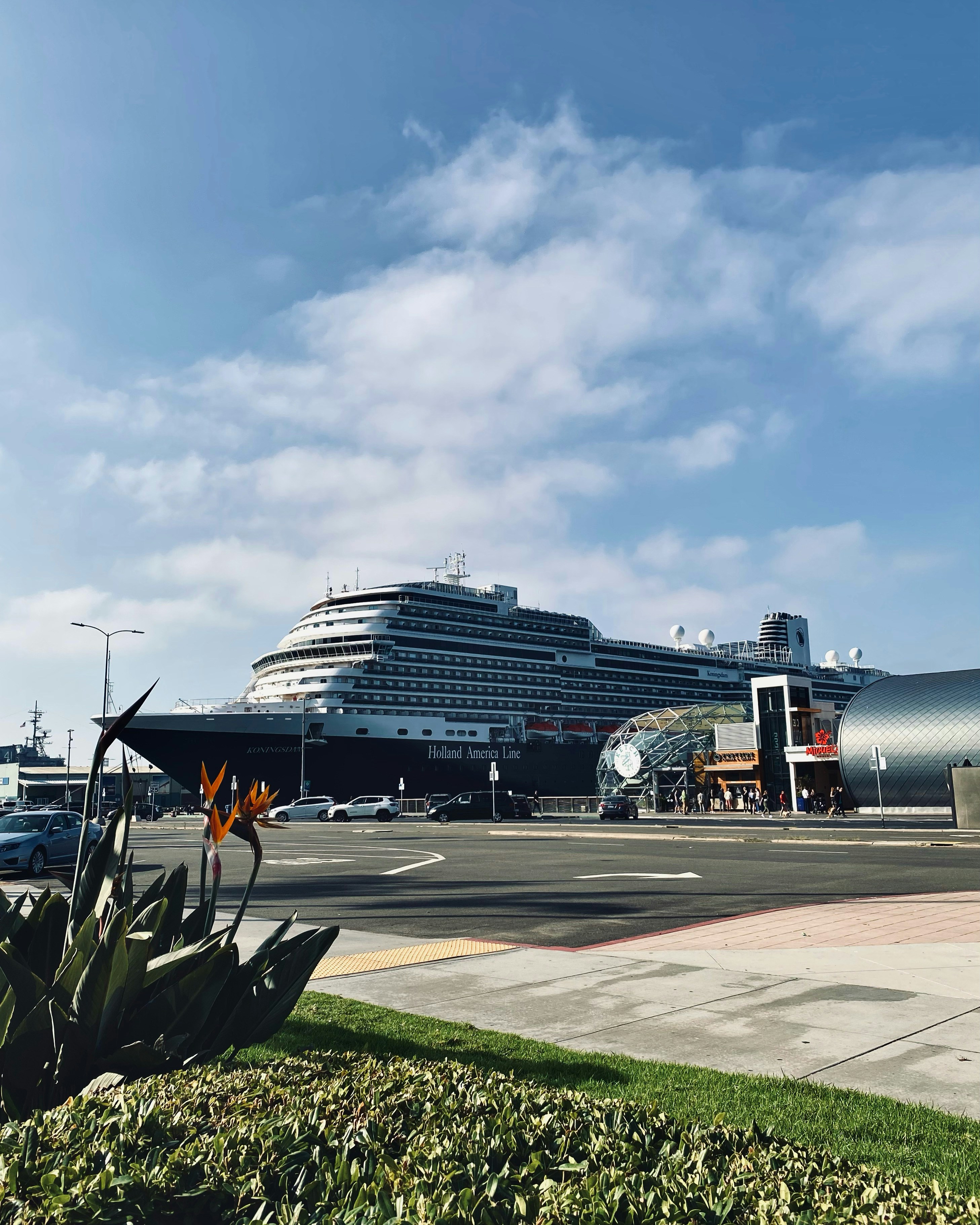 a large cruise ship docked at a port