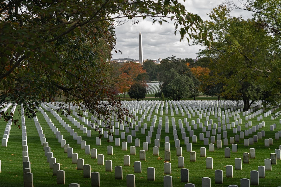 Rows of white headstones at Arlington National Cemetery