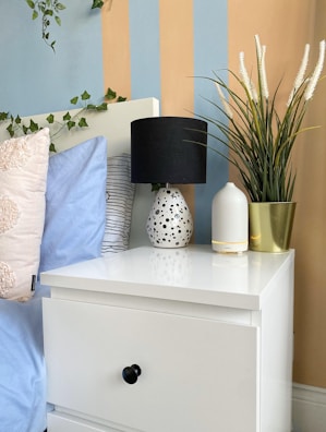 Organized bedside table featuring plants and stylish decor.