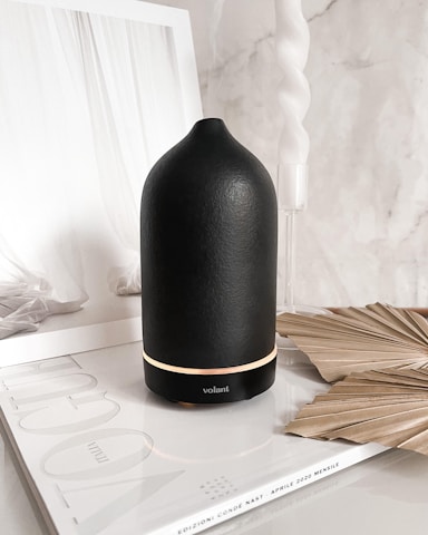 A black cylindrical object, possibly an aroma diffuser, sits atop a magazine with the title visible. Next to it lays a dried palm leaf on a marble surface. In the background, there is a framed picture with sheer white fabric and a twisted white candle.