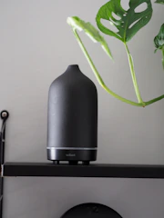 A vibrant assortment of essential oils and diffusers set against a calming background of green plants.