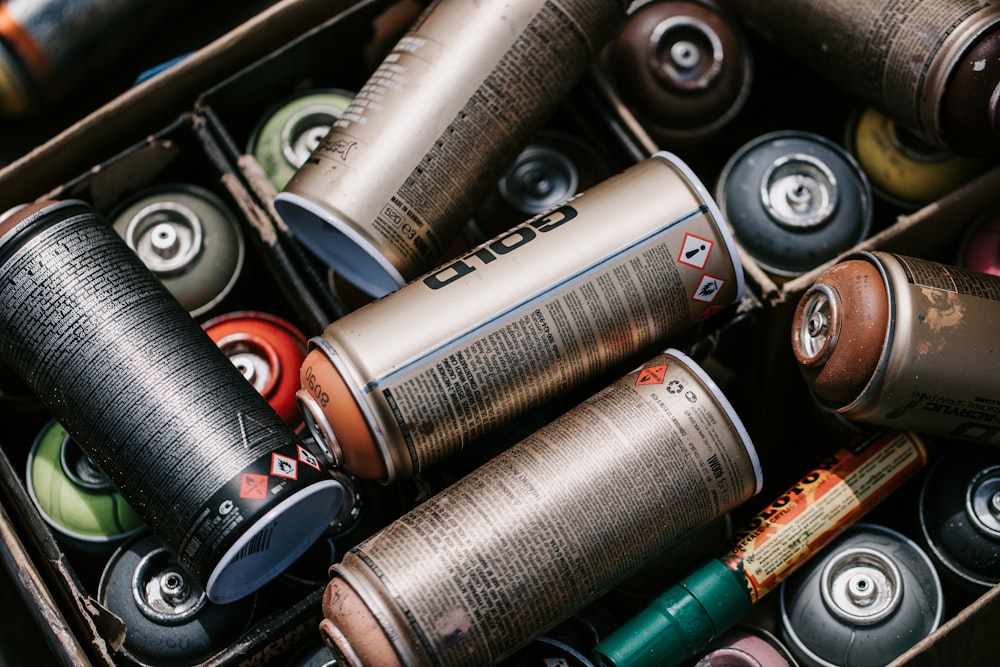 a box filled with lots of different types of cans