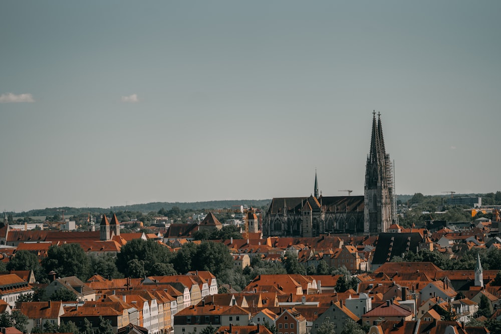 Una vista di una città con una cattedrale sullo sfondo