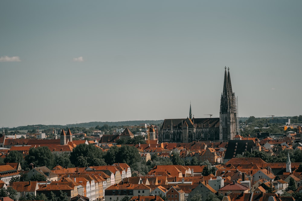 a view of a city with a cathedral in the background