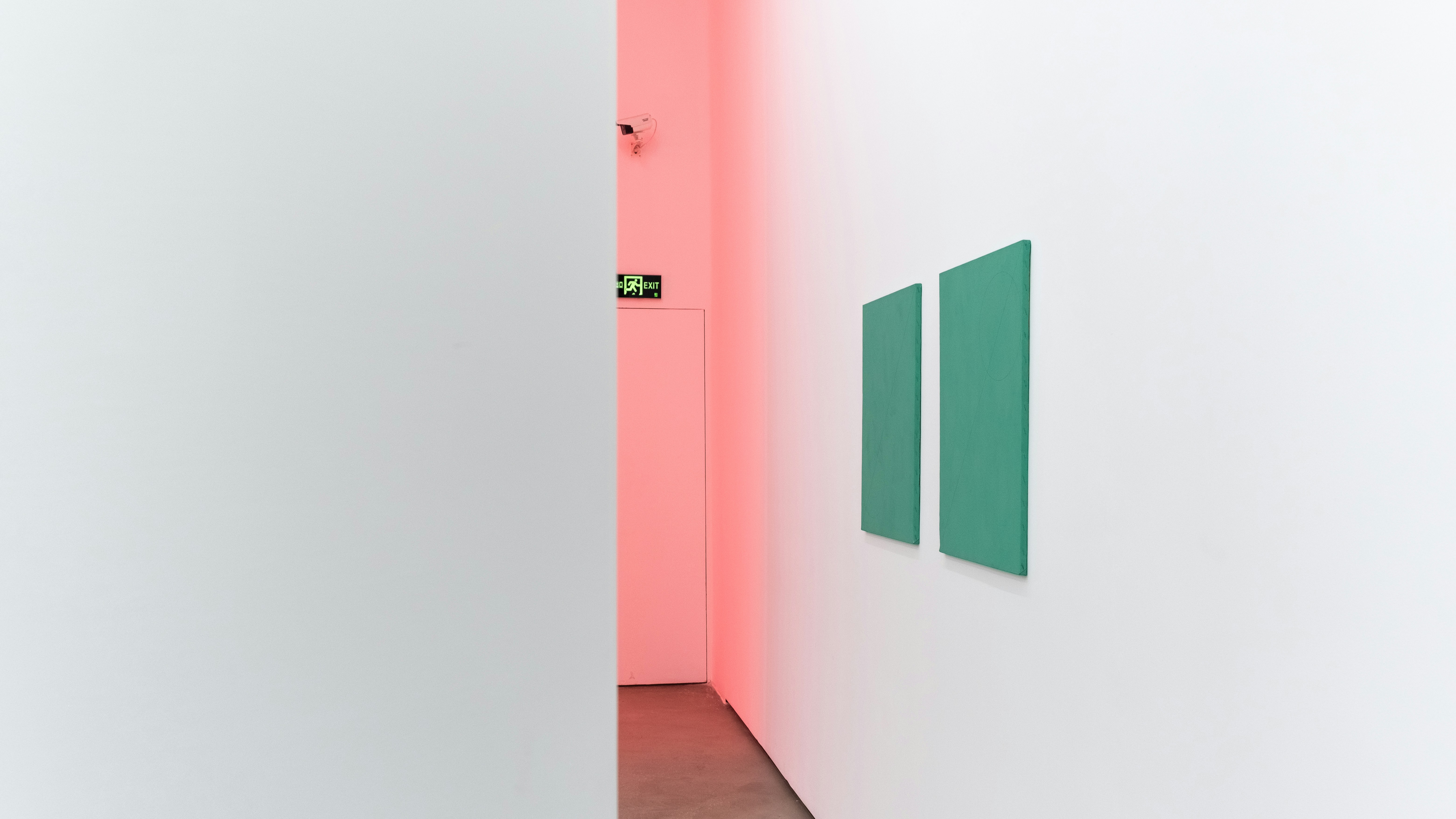 Green art on white wall with pink hallway and camera.