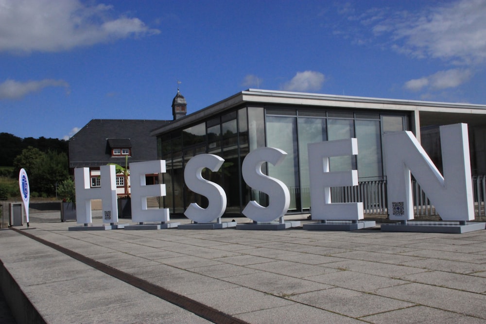 a building with a large sign in front of it