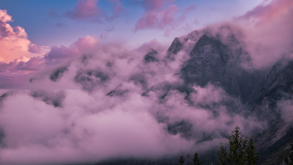 a mountain covered in clouds and trees under a pink sky