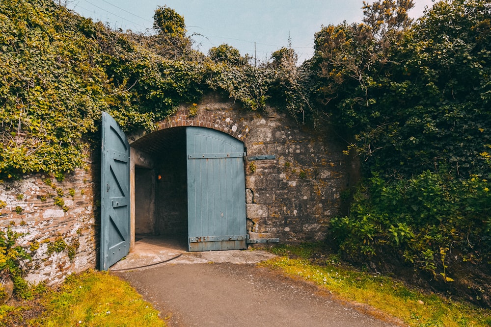 a stone wall with a blue door and a path leading to it