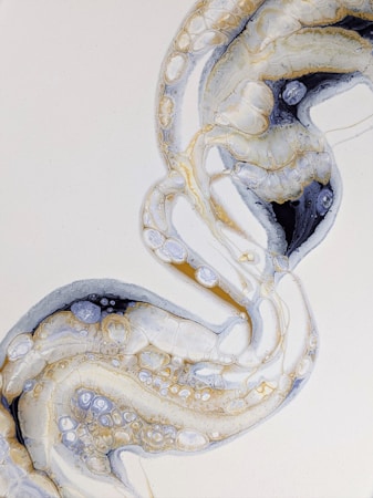 An abstract design of swirling patterns resembling organic or cellular structures, featuring a mix of fluid shapes and textures in a harmonious arrangement.