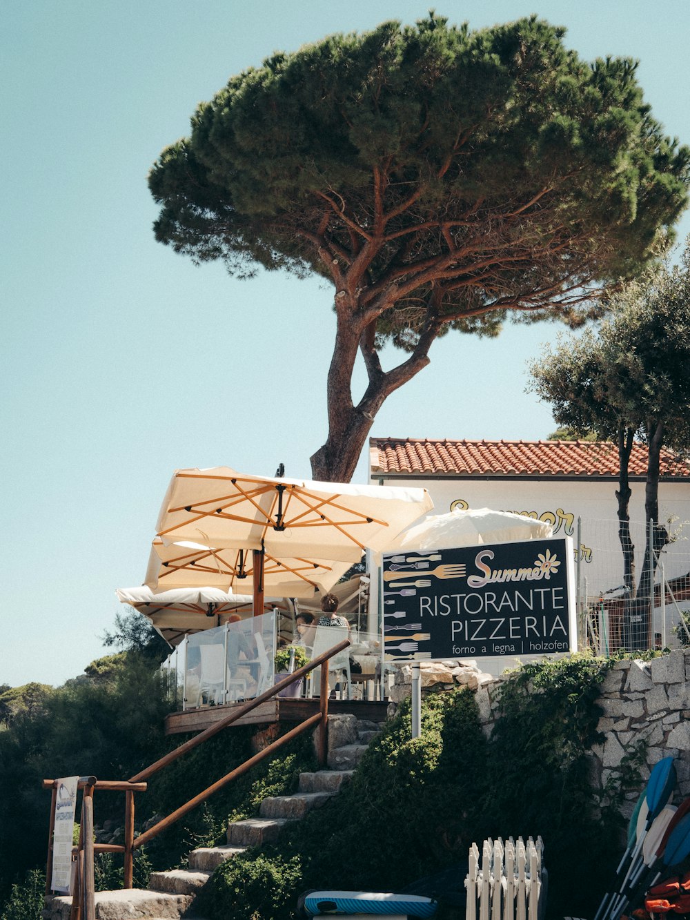 a restaurant with a large tree on top of it