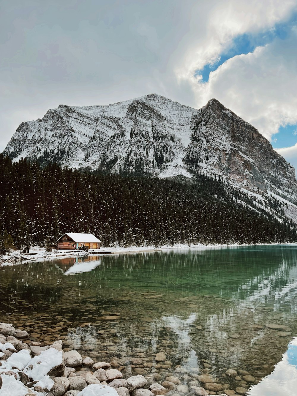 a lake with a mountain in the background