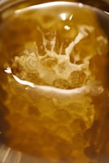 Close-up of a honeycomb structure immersed in golden, translucent liquid. The hexagonal pattern is visible through the liquid, and light reflections add an ethereal glow.