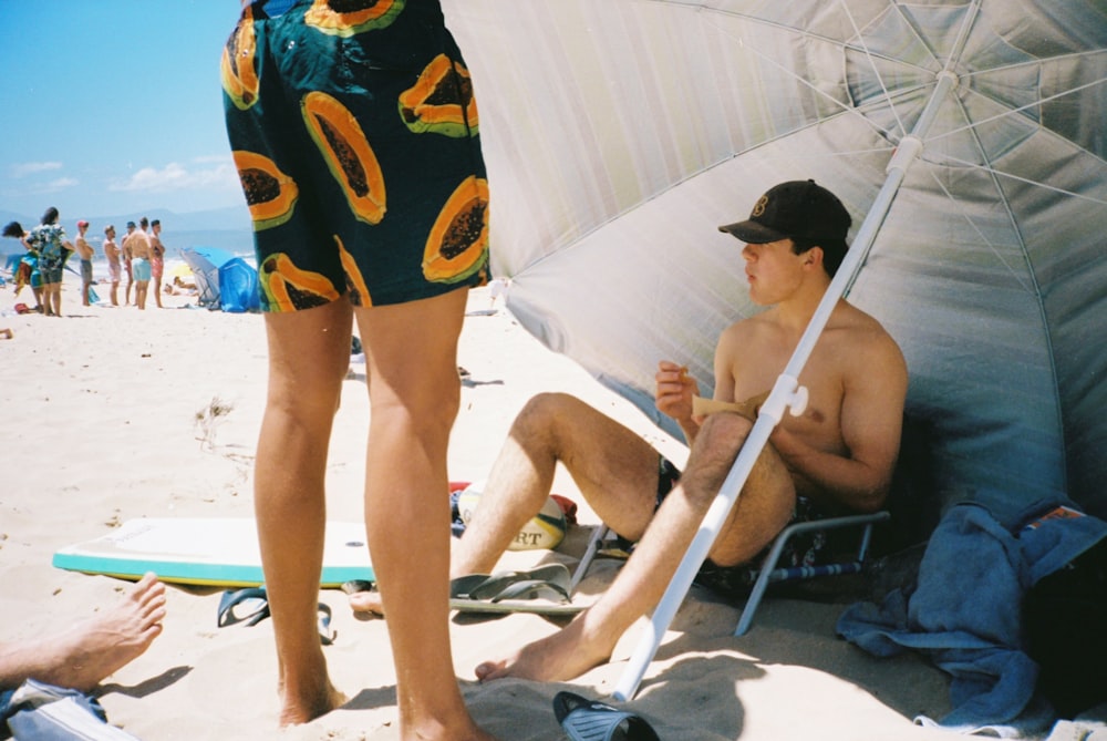 a man sitting under an umbrella on the beach