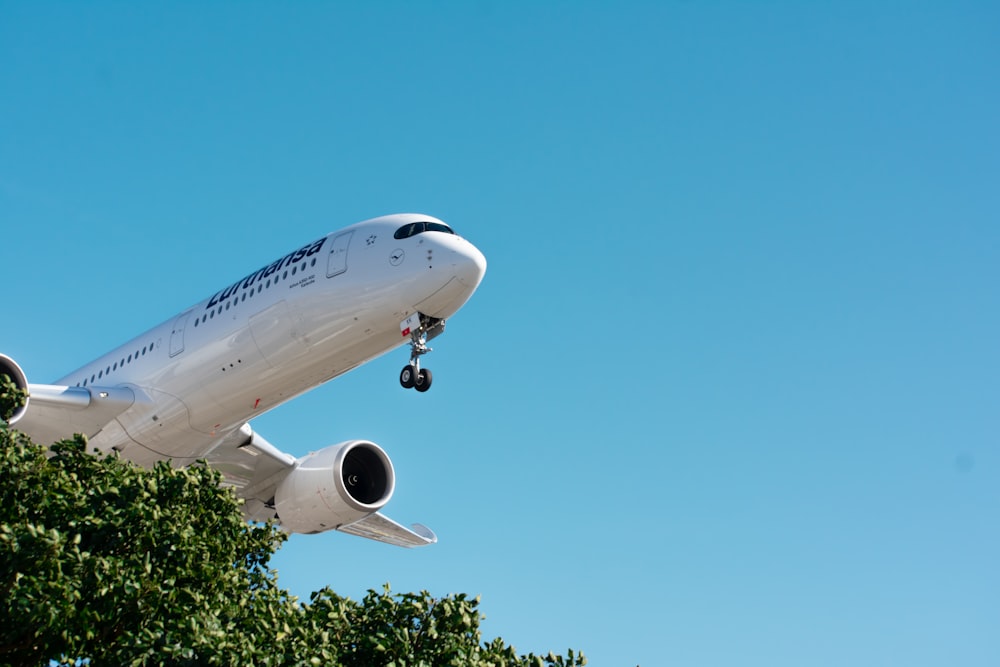 Ein großer Passagierjet fliegt durch den blauen Himmel
