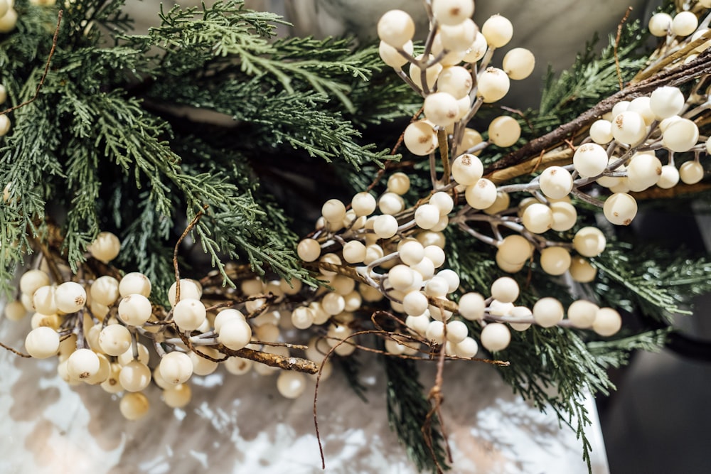 a close up of a wreath with white berries